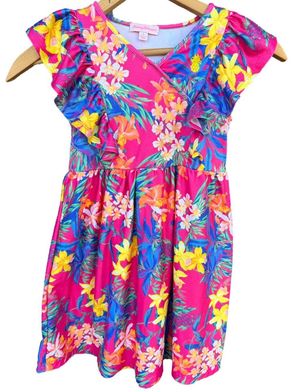 Tommy Bahama EUC Girls Pink Tropical Floral Flutter Ruffle Dress Size 5 Vacation